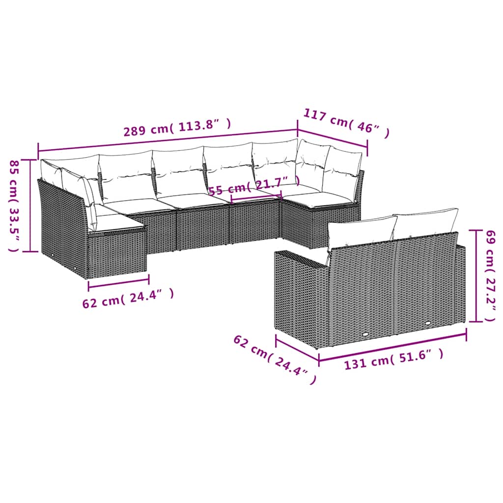 9-tlg. Garten-Sofagarnitur mit Kissen Braun Poly Rattan