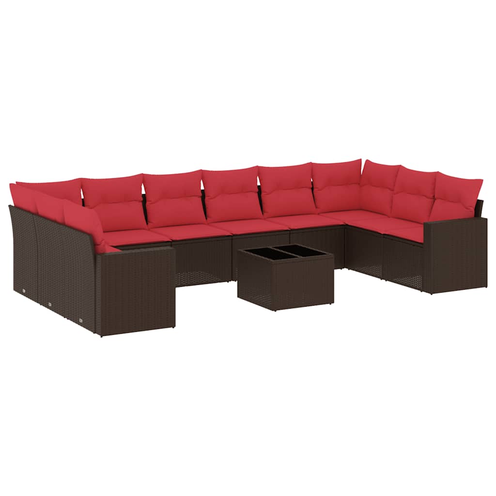 11-tlg. Garten-Sofagarnitur mit Kissen Braun Poly Rattan