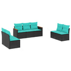 7-teiliges Gartensofa-Set mit Kissen, schwarzes Polyrattan