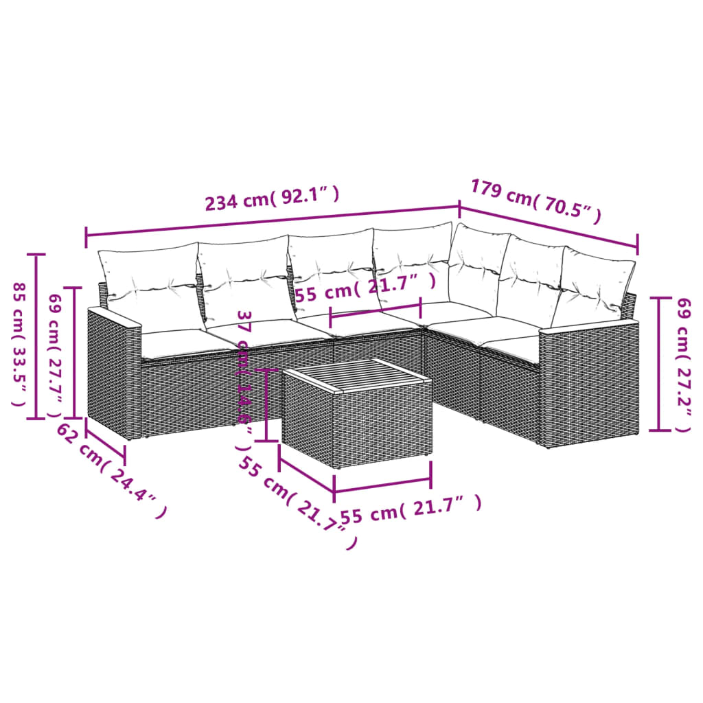 7-teiliges Gartensofa-Set mit Kissen, grau, Polyrattan