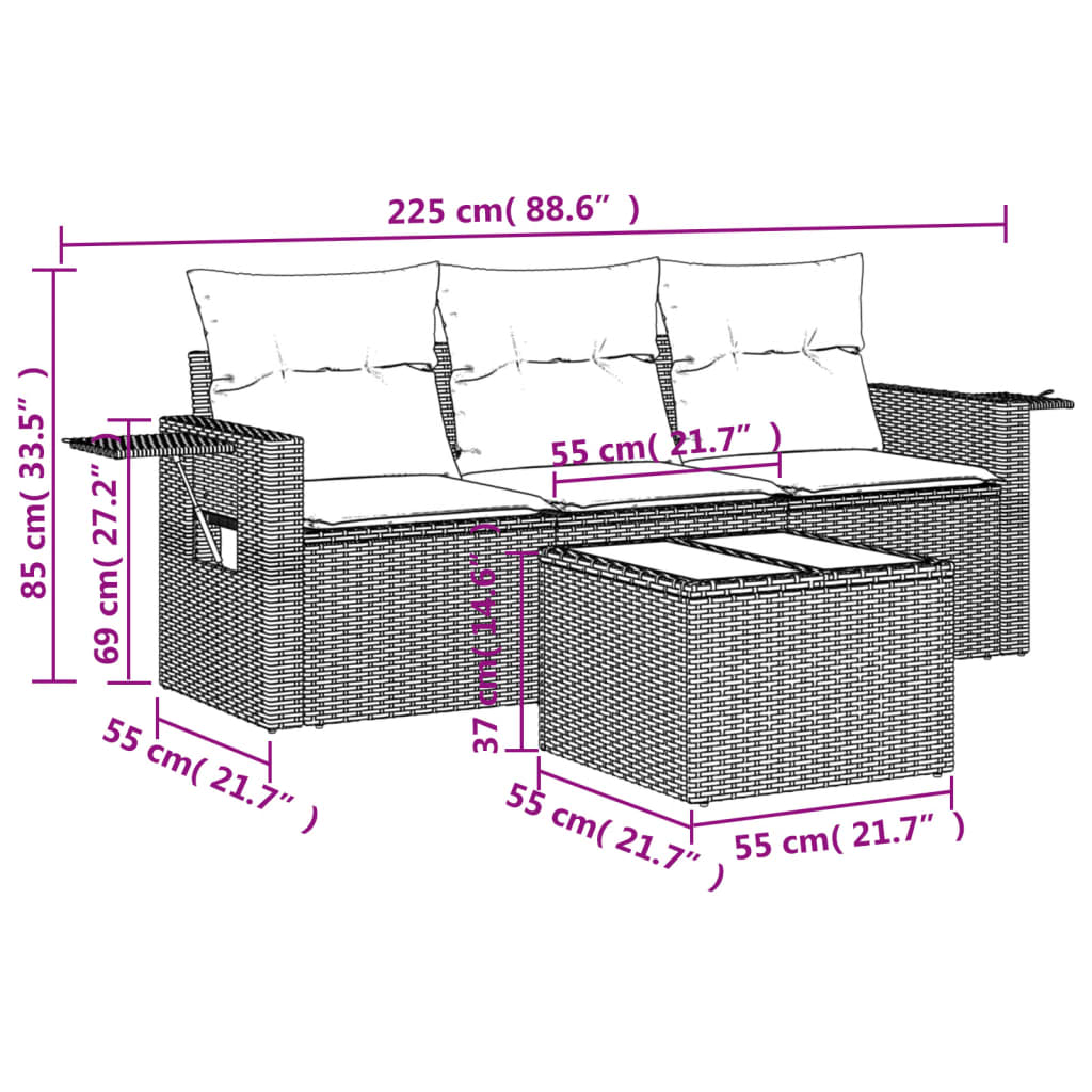 4-tlg. Garten-Sofagarnitur mit Kissen Braun Poly Rattan