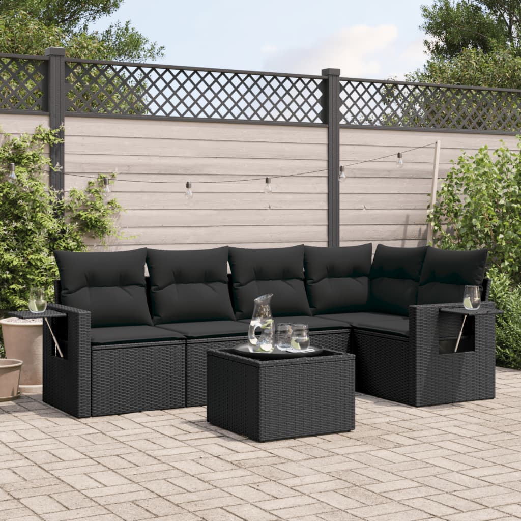 6-tlg. Garten-Sofagarnitur mit Kissen Schwarz Poly Rattan