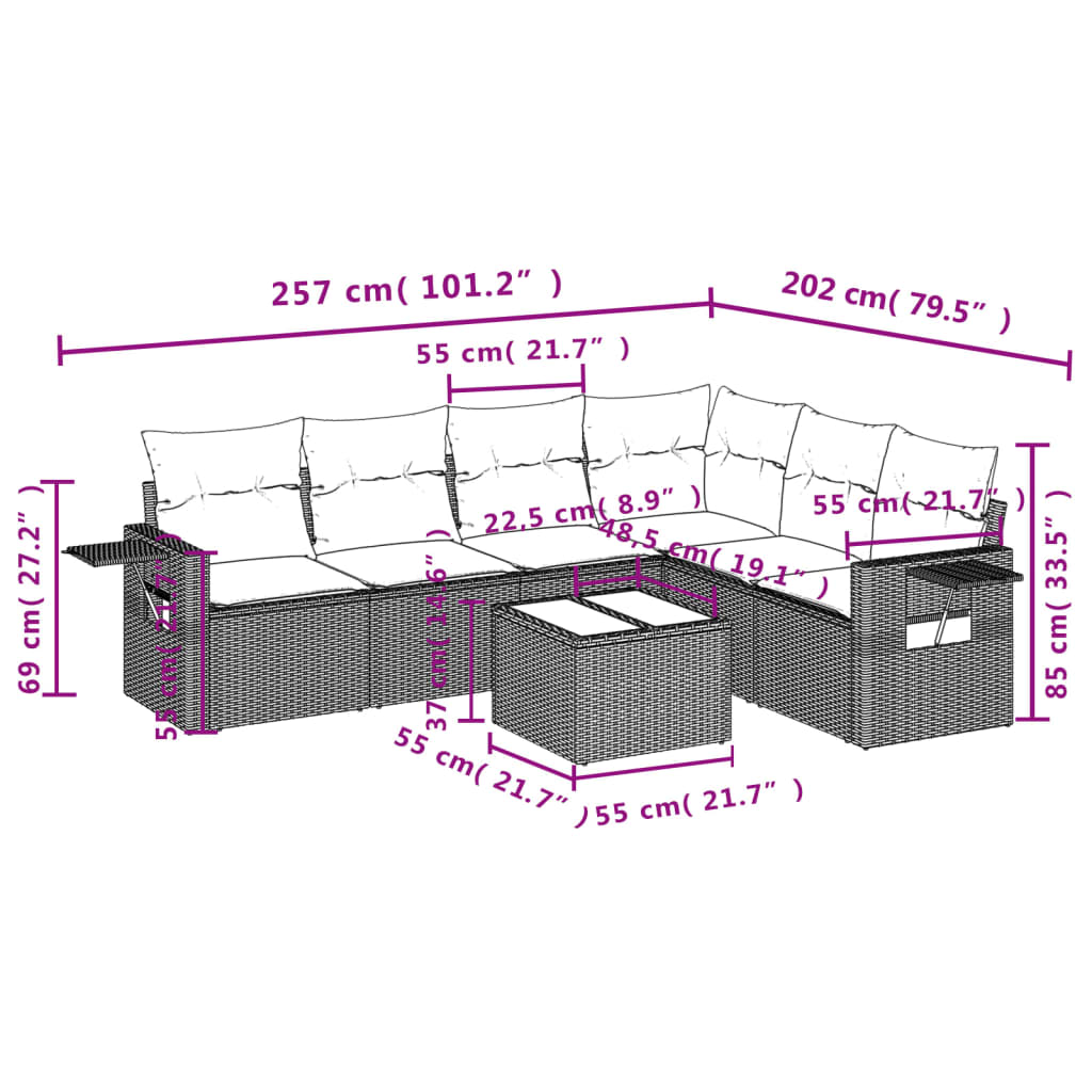 7-tlg. Garten-Sofagarnitur mit Kissen Braun Poly Rattan