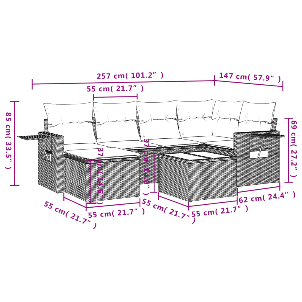 7-tlg. Garten-Sofagarnitur mit Kissen Braun Poly Rattan
