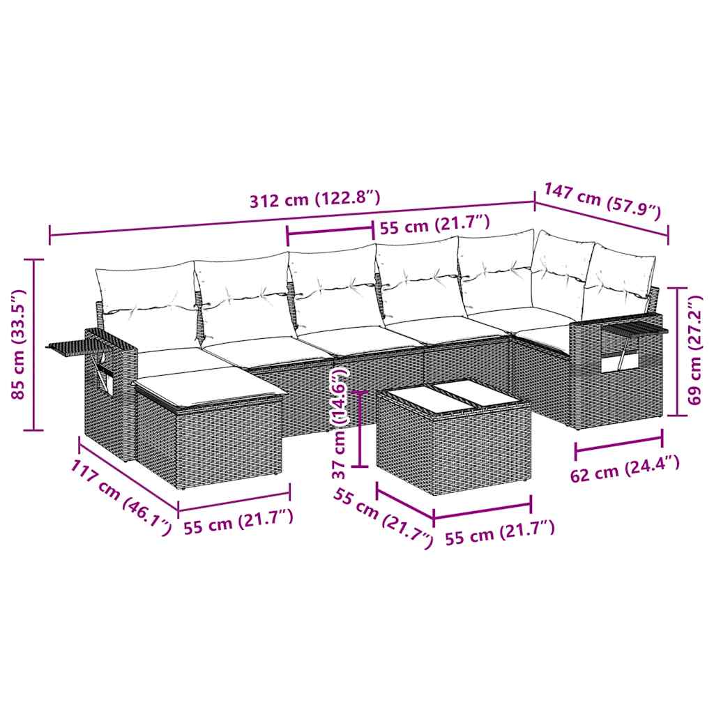 8-tlg. Garten-Sofagarnitur mit Kissen Schwarz Poly Rattan