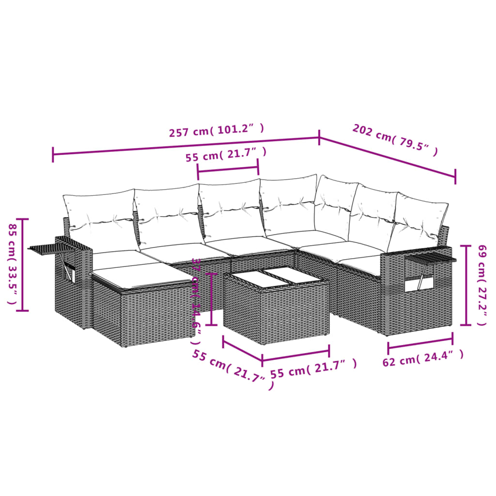 8-tlg. Garten-Sofagarnitur mit Kissen Braun Poly Rattan