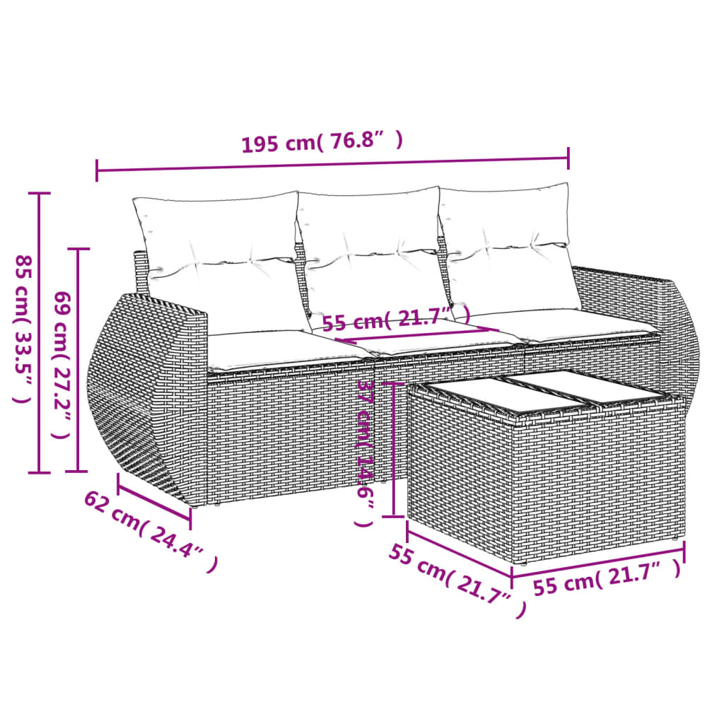 4-tlg. Garten-Sofagarnitur mit Kissen Braun Poly Rattan