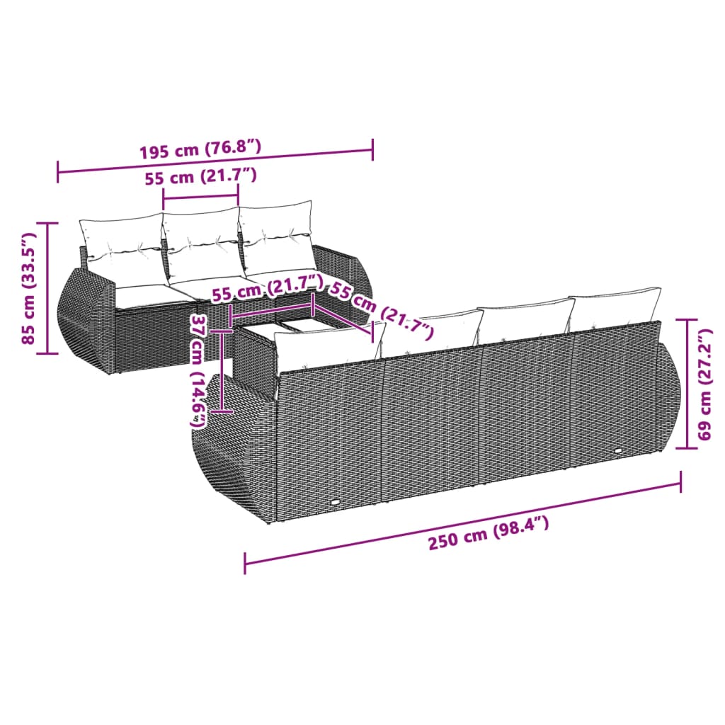 8-tlg. Garten-Sofagarnitur mit Kissen Hellgrau Poly Rattan