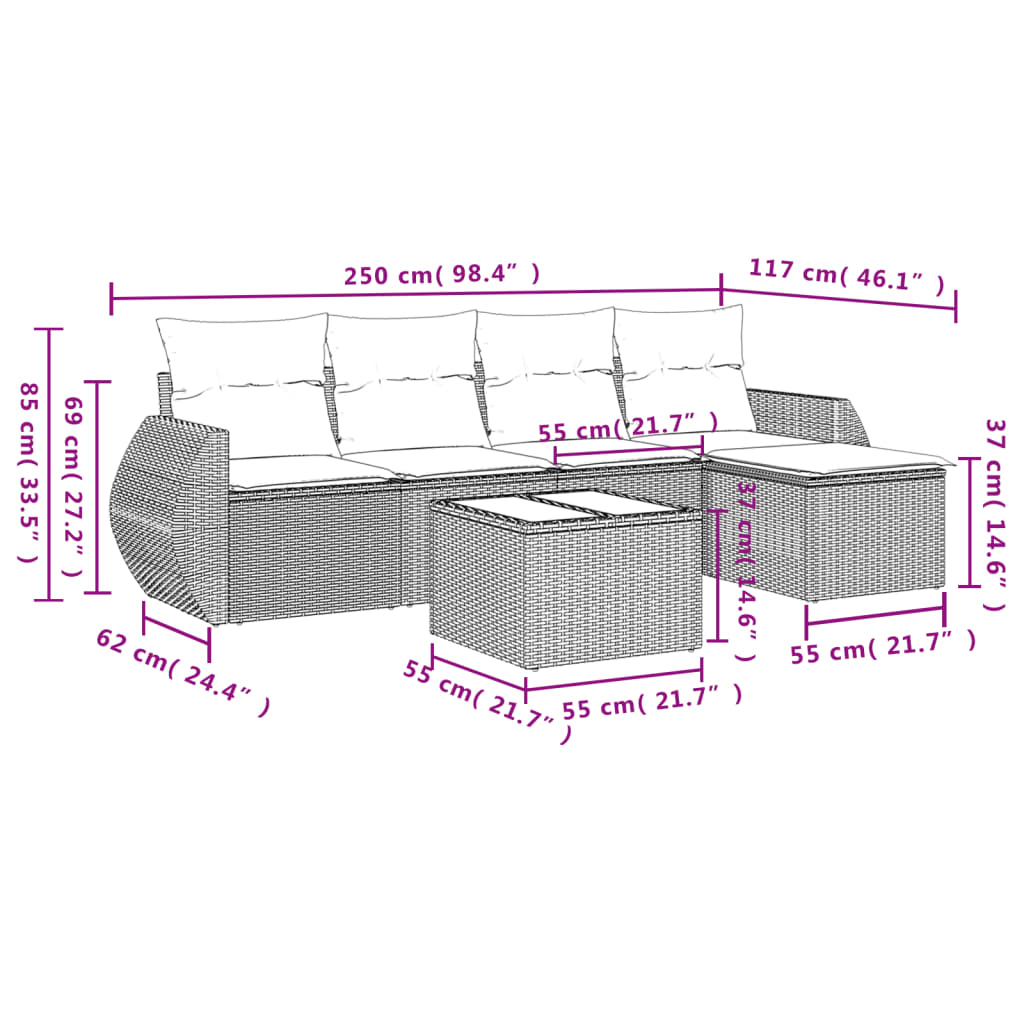 6-tlg. Garten-Sofagarnitur mit Kissen Grau Poly Rattan
