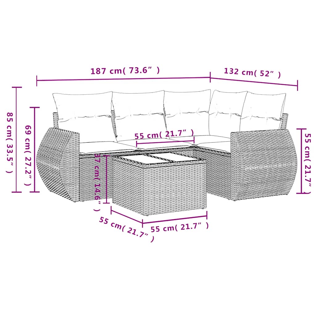 5-tlg. Garten-Sofagarnitur mit Kissen Schwarz Poly Rattan