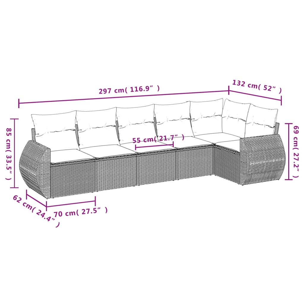 6-tlg. Garten-Sofagarnitur mit Kissen Grau Poly Rattan