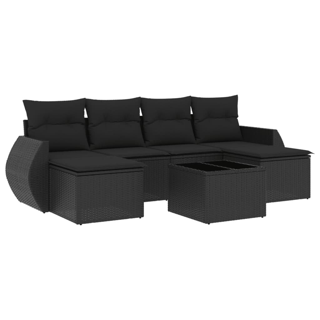 7-tlg. Garten-Sofagarnitur mit Kissen Schwarz Poly Rattan