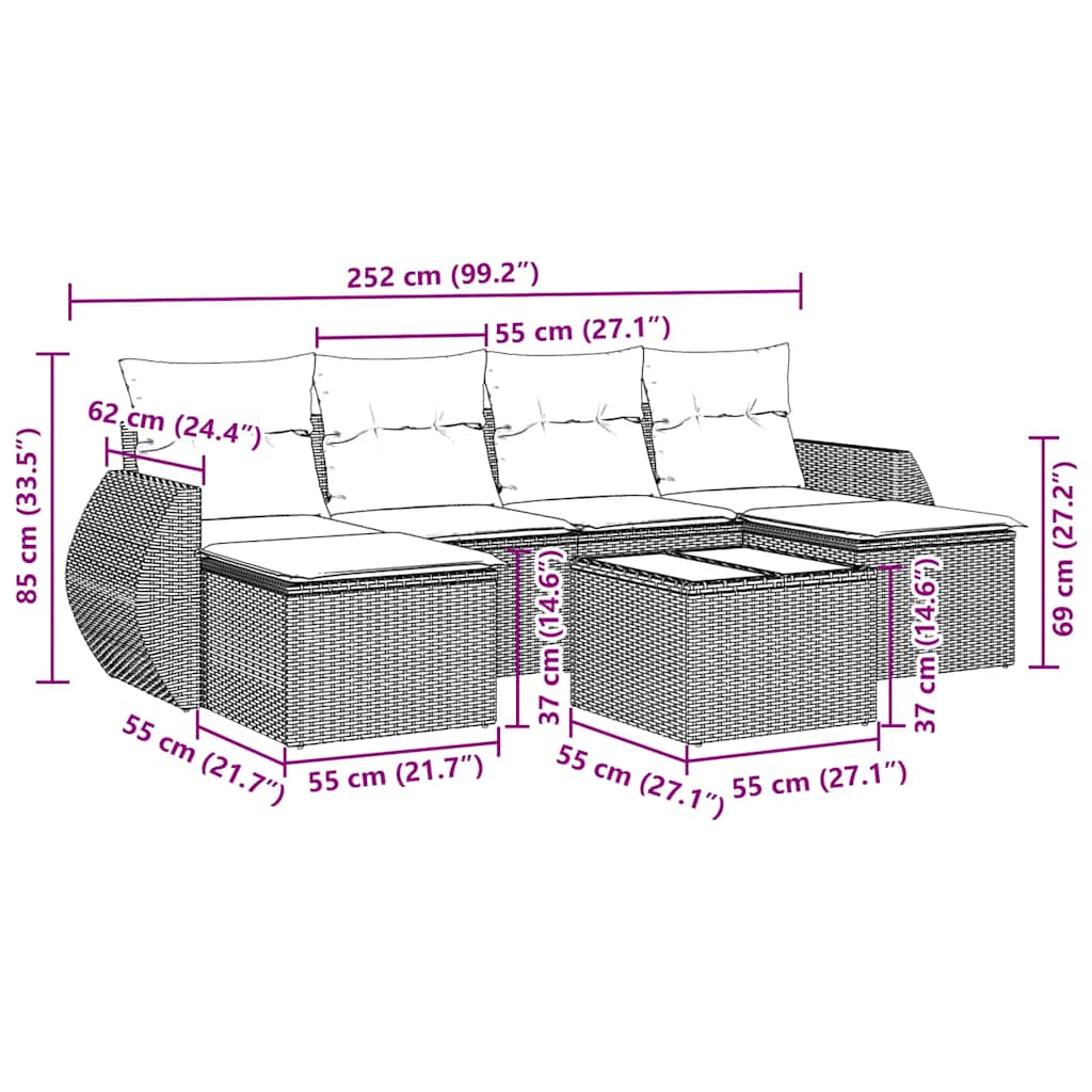 7-tlg. Garten-Sofagarnitur mit Kissen Schwarz Poly Rattan