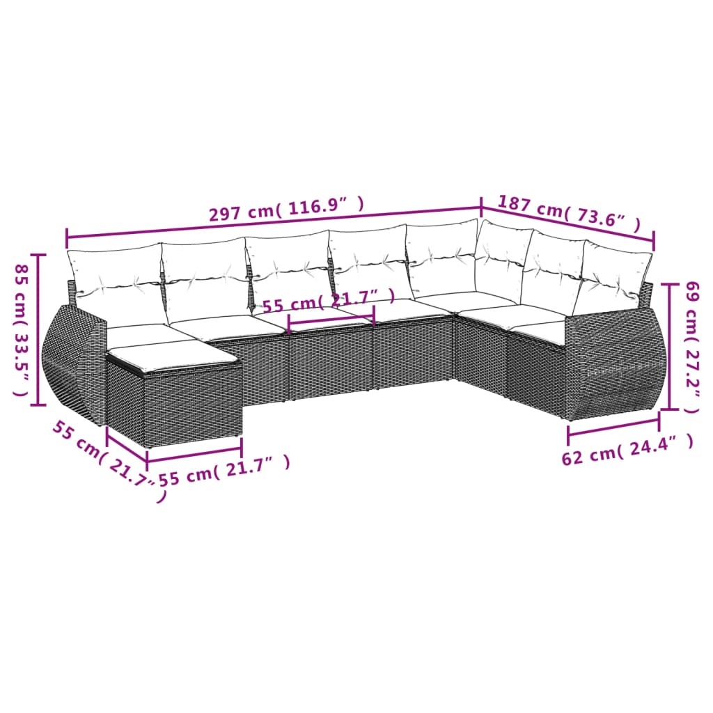 9-tlg. Garten-Sofagarnitur mit Kissen Grau Poly Rattan