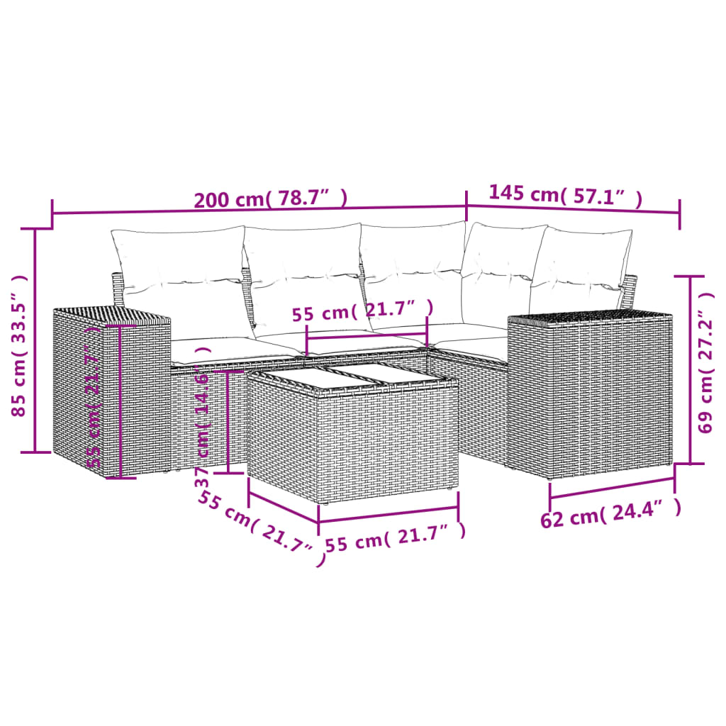 5-tlg. Garten-Sofagarnitur mit Kissen Braun Poly Rattan