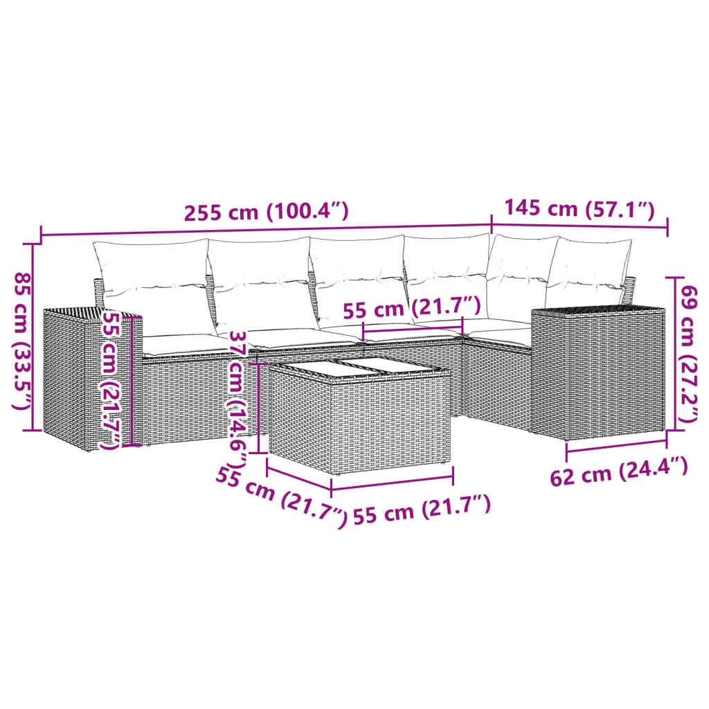 6-tlg. Garten-Sofagarnitur mit Kissen Grau Poly Rattan