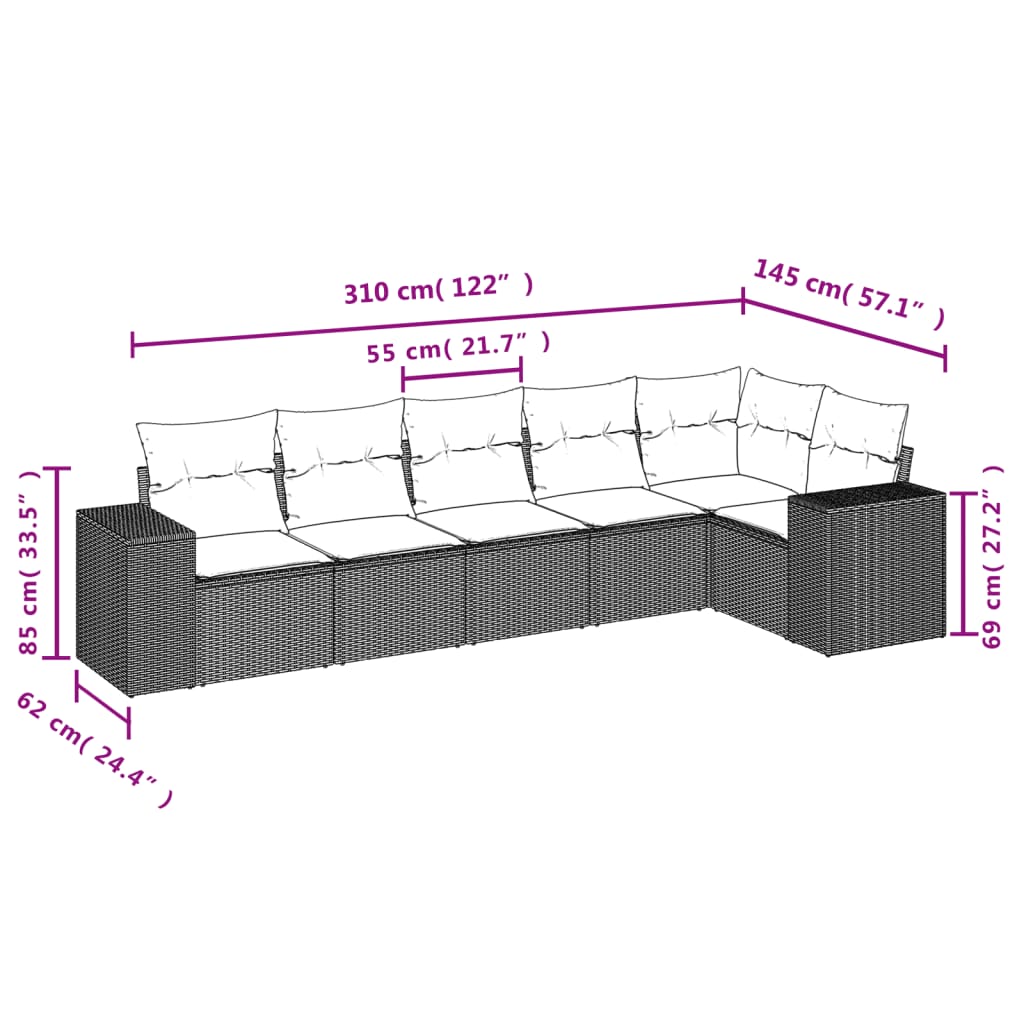 6-tlg. Garten-Sofagarnitur mit Kissen Braun Poly Rattan