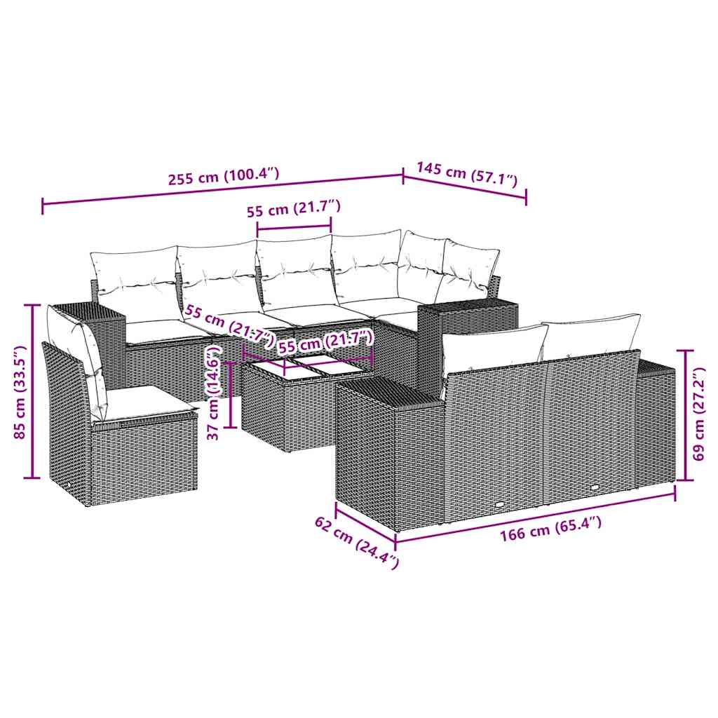 9-tlg. Garten-Sofagarnitur mit Kissen Schwarz Poly Rattan