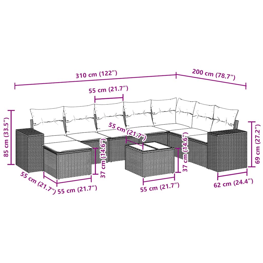 9-tlg. Garten-Sofagarnitur mit Kissen Schwarz Poly Rattan