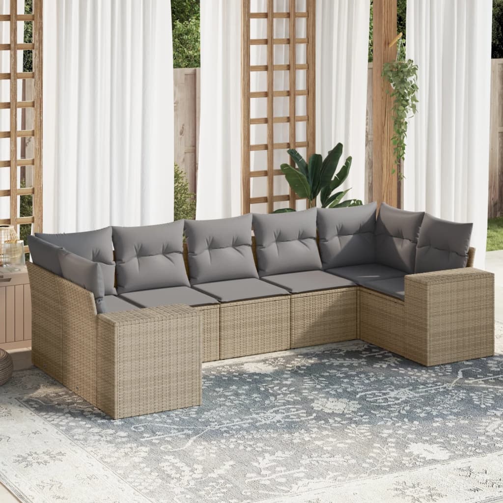 7-tlg. Garten-Sofagarnitur mit Kissen Beige Poly Rattan
