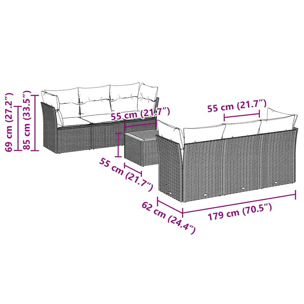 7-tlg. Garten-Sofagarnitur mit Kissen Grau Poly Rattan
