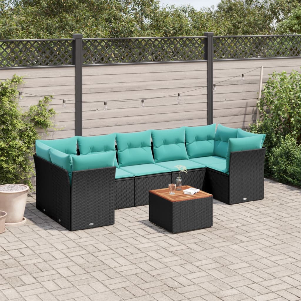 8-tlg. Garten-Sofagarnitur mit Kissen Schwarz Poly Rattan