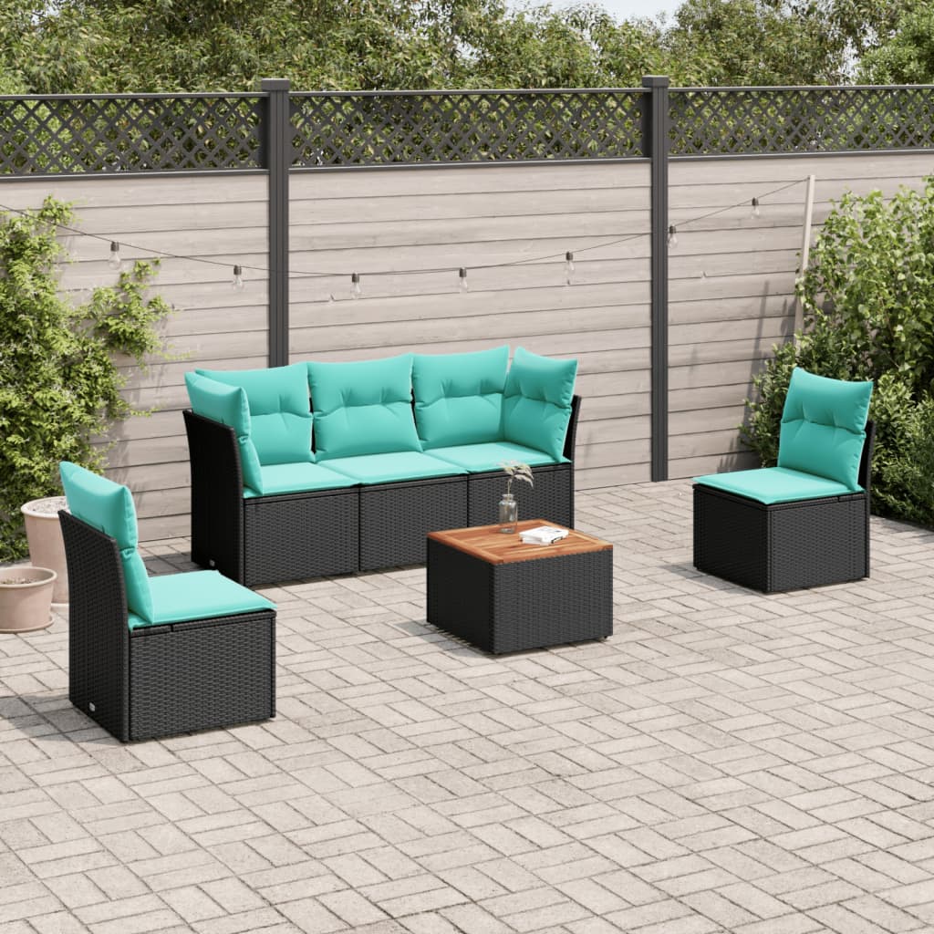 6-tlg. Garten-Sofagarnitur mit Kissen Schwarz Poly Rattan
