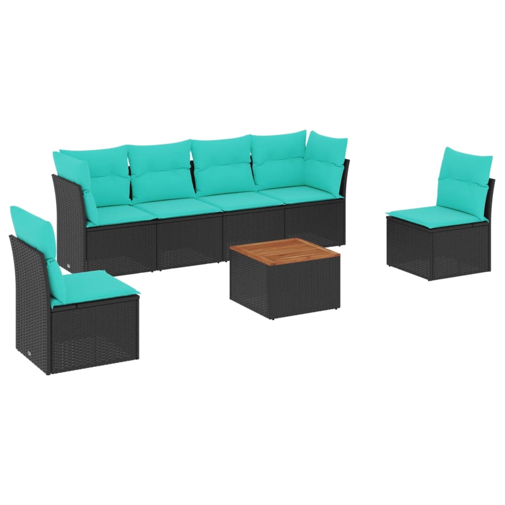 7-tlg. Garten-Sofagarnitur mit Kissen Schwarz Poly Rattan