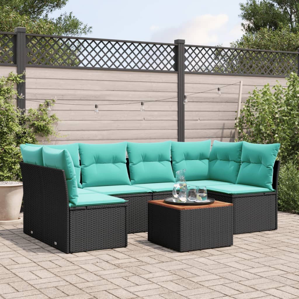 7-tlg. Garten-Sofagarnitur mit Kissen Schwarz Poly Rattan
