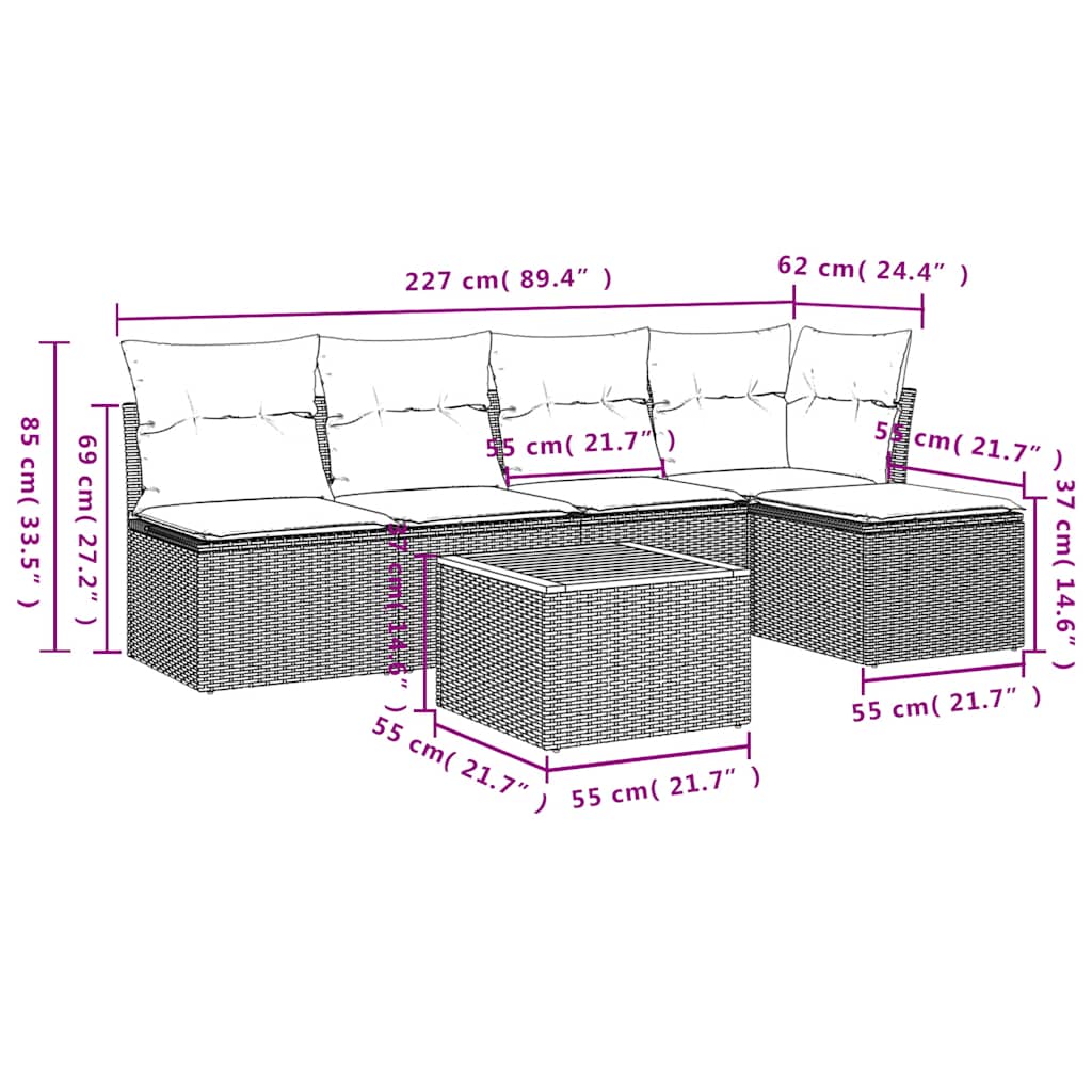 6-tlg. Garten-Sofagarnitur mit Kissen Schwarz Poly Rattan