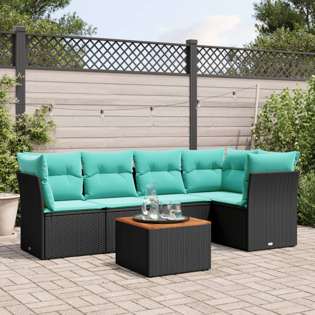 6-tlg. Garten-Sofagarnitur mit Kissen Schwarz Poly Rattan