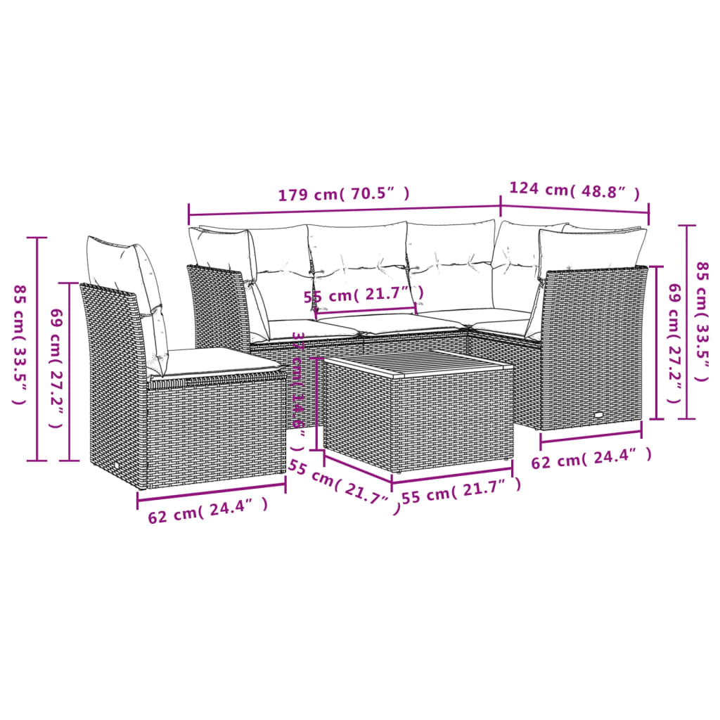 6-tlg. Garten-Sofagarnitur mit Kissen Grau Poly Rattan