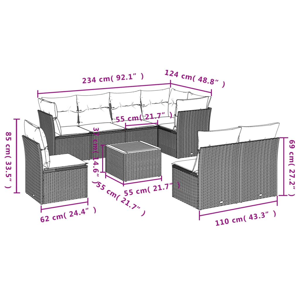9-tlg. Garten-Sofagarnitur mit Kissen Grau Poly Rattan