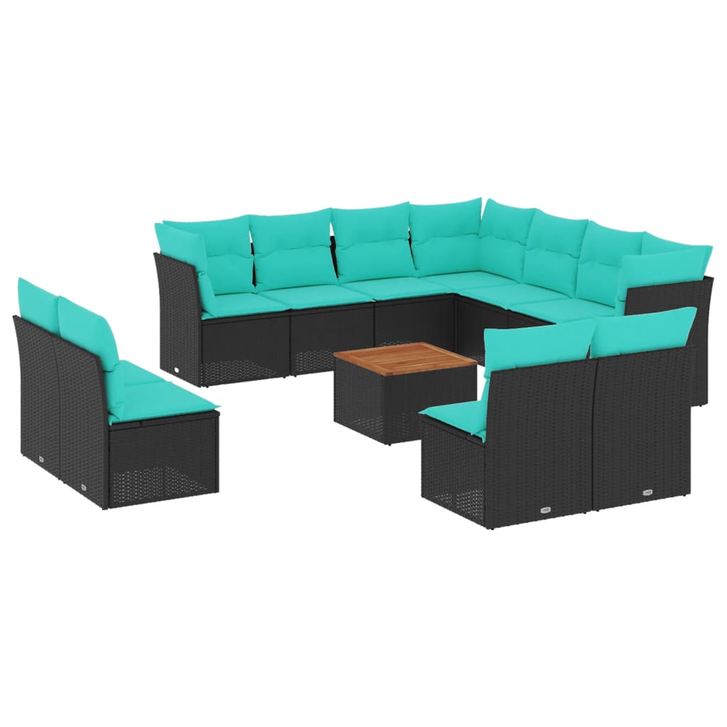 12-tlg. Garten-Sofagarnitur mit Kissen Schwarz Poly Rattan