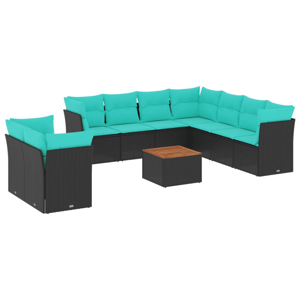 11-tlg. Garten-Sofagarnitur mit Kissen Schwarz Poly Rattan