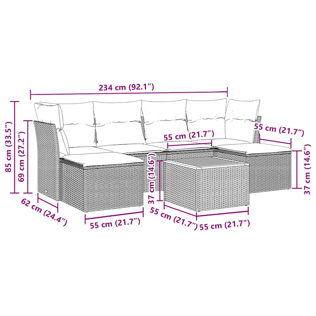 7-tlg. Garten-Sofagarnitur mit Kissen Schwarz Poly Rattan