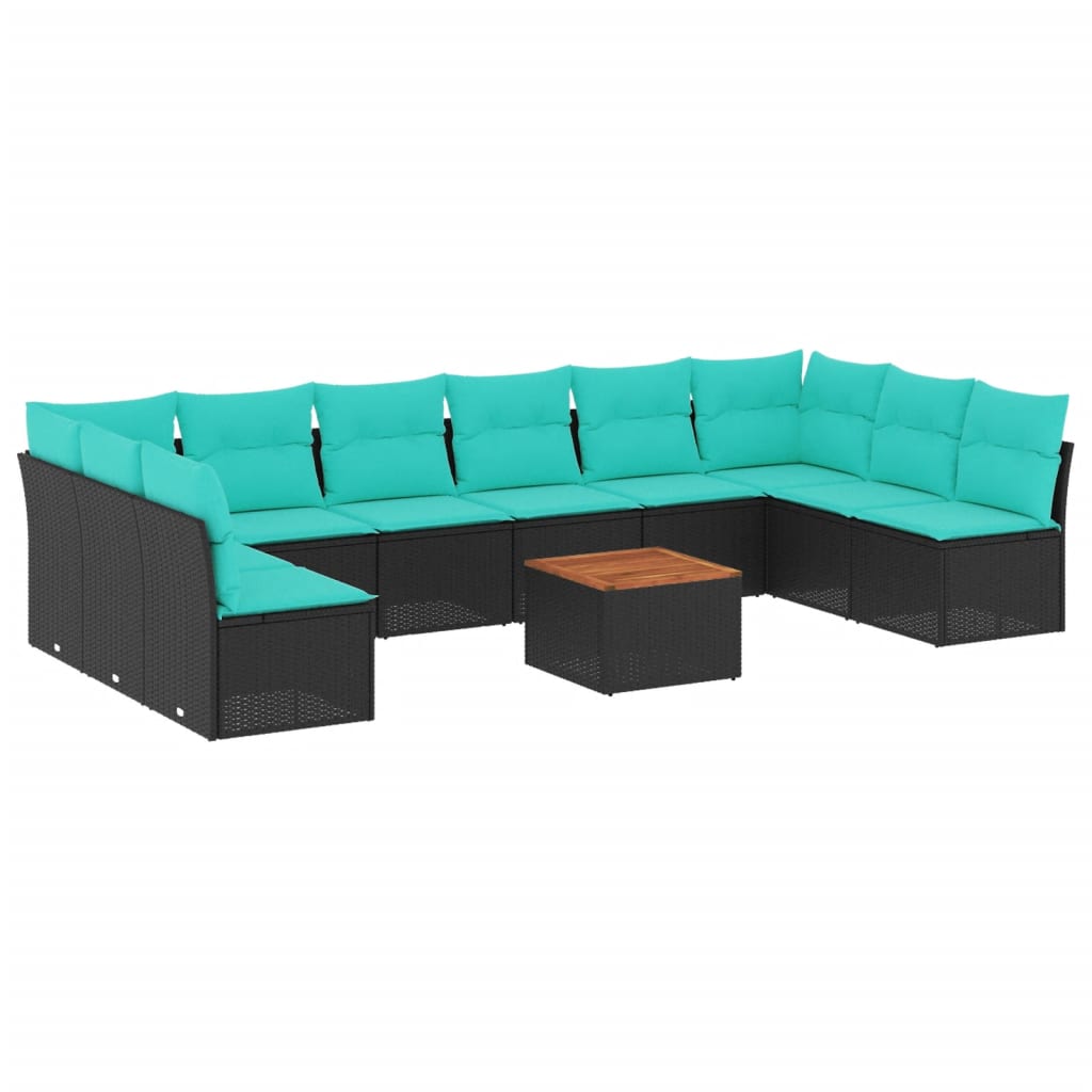 11-tlg. Garten-Sofagarnitur mit Kissen Schwarz Poly Rattan