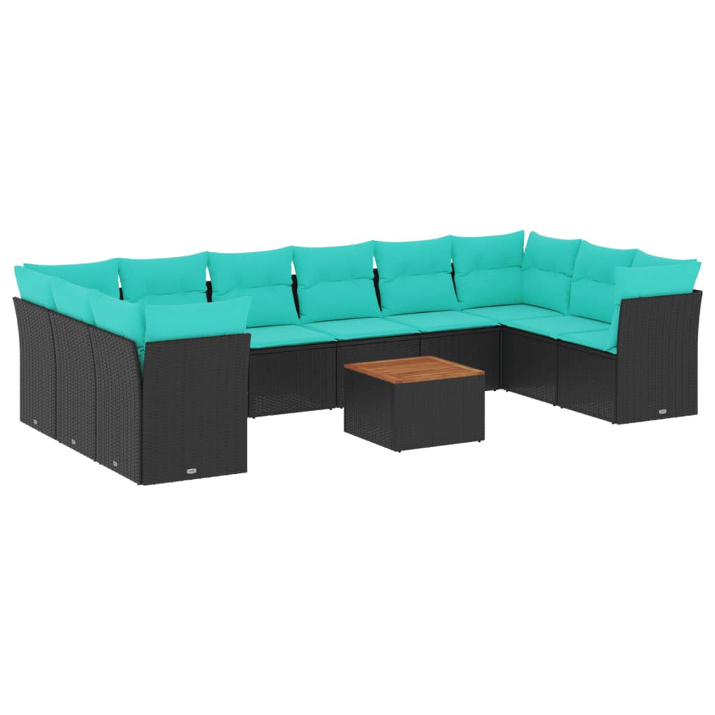 11-tlg. Garten-Sofagarnitur mit Kissen Schwarz Poly Rattan
