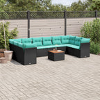 11-tlg. Garten-Sofagarnitur mit Kissen Schwarz Poly Rattan