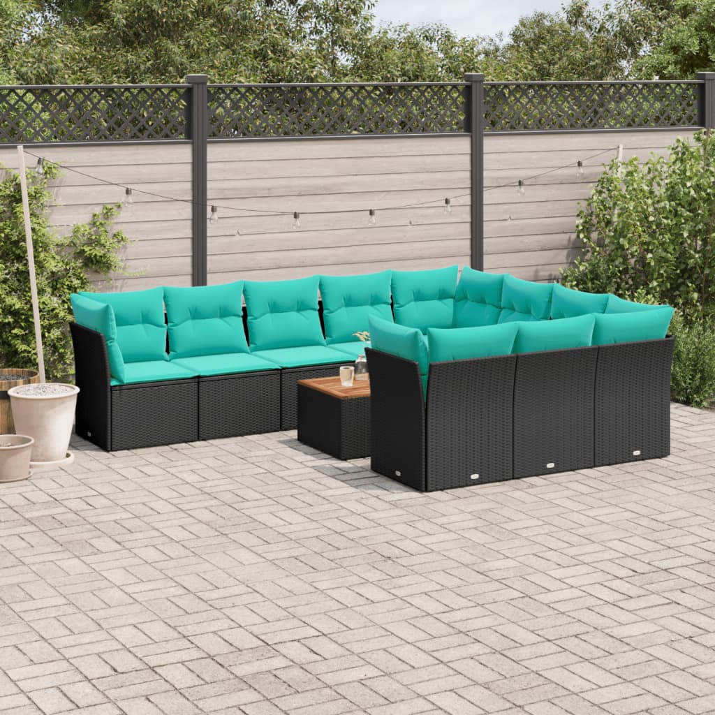 11-tlg. Garten-Sofagarnitur mit Kissen Schwarz Poly Rattan