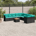 11-tlg. Garten-Sofagarnitur mit Kissen Schwarz Poly Rattan