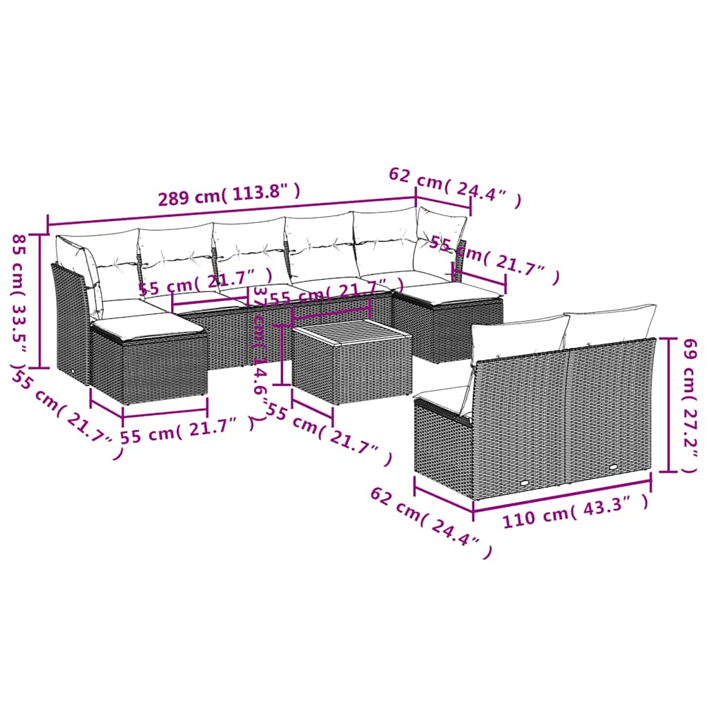10-teiliges Gartensofa-Set mit Kissen, grau, Polyrattan