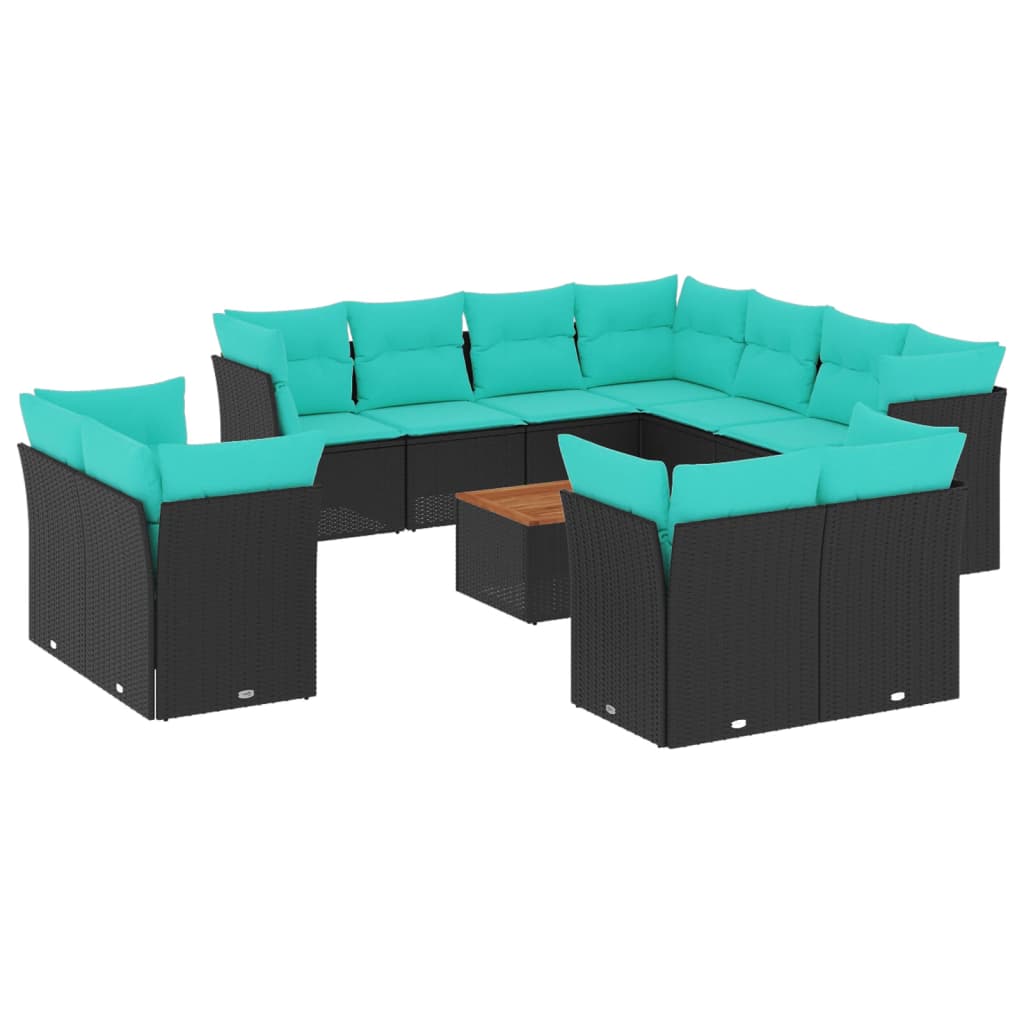 12-tlg. Garten-Sofagarnitur mit Kissen Schwarz Poly Rattan