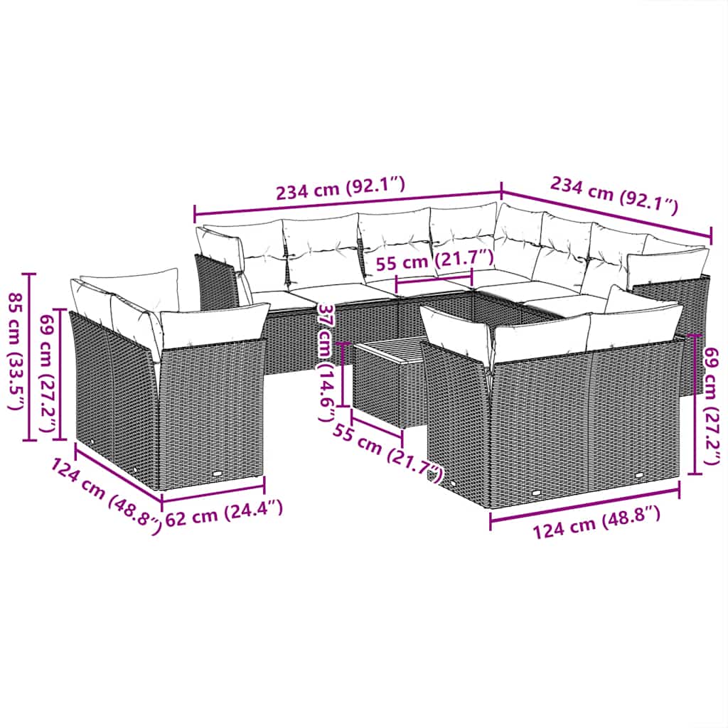 12-tlg. Garten-Sofagarnitur mit Kissen Grau Poly Rattan