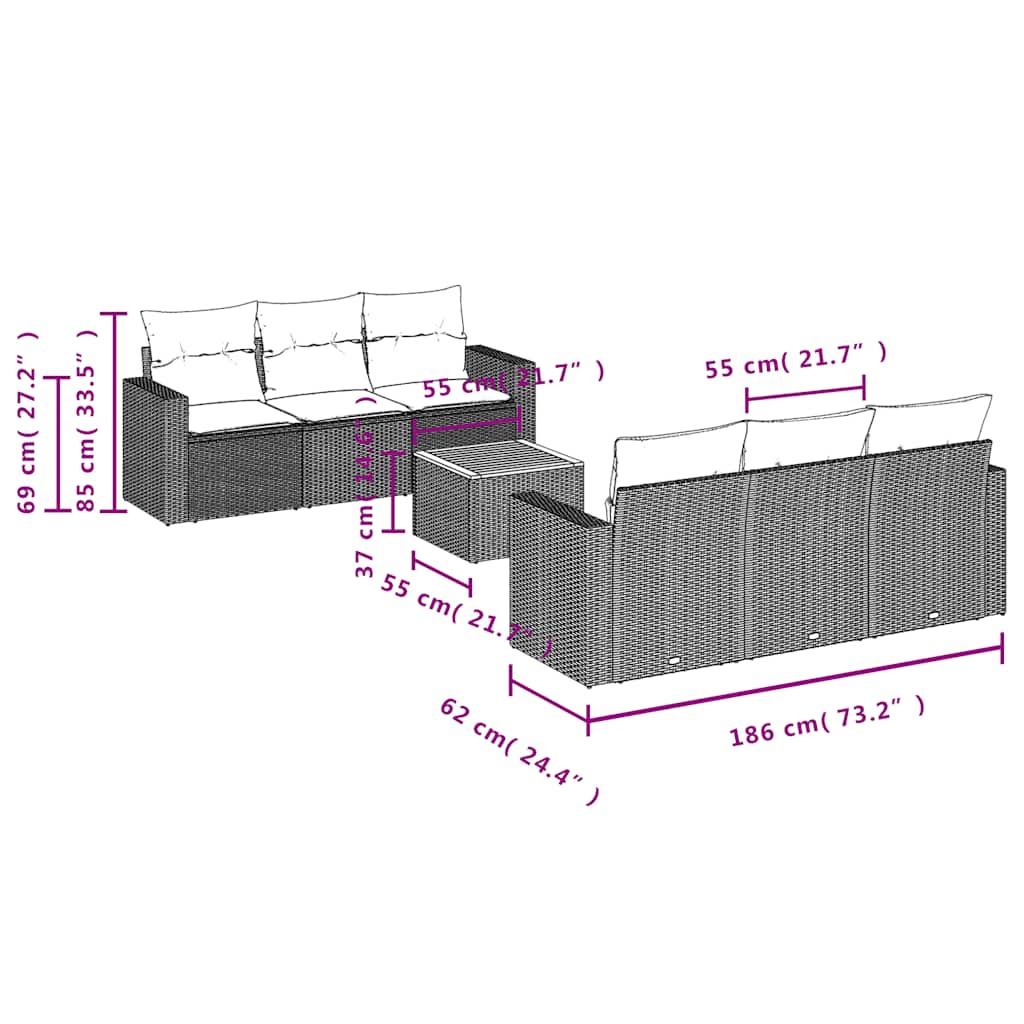 7-tlg. Garten-Sofagarnitur mit Kissen Schwarz Poly Rattan