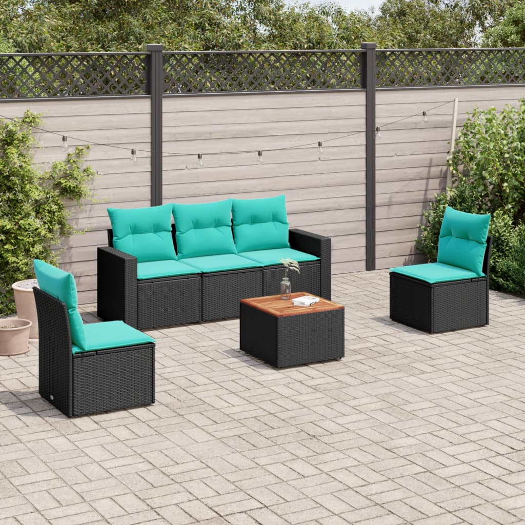 6-tlg. Garten-Sofagarnitur mit Kissen Schwarz Poly Rattan