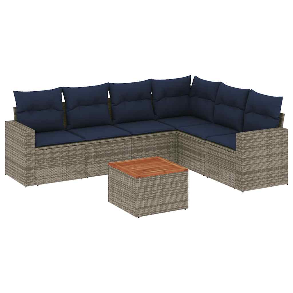 7-tlg. Garten-Sofagarnitur mit Kissen Grau Poly Rattan