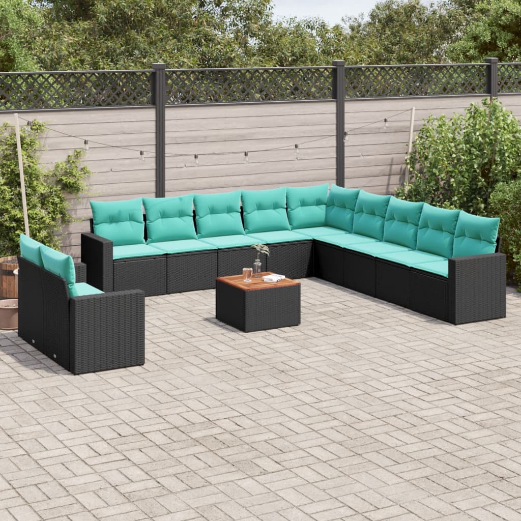 12-tlg. Garten-Sofagarnitur mit Kissen Schwarz Poly Rattan