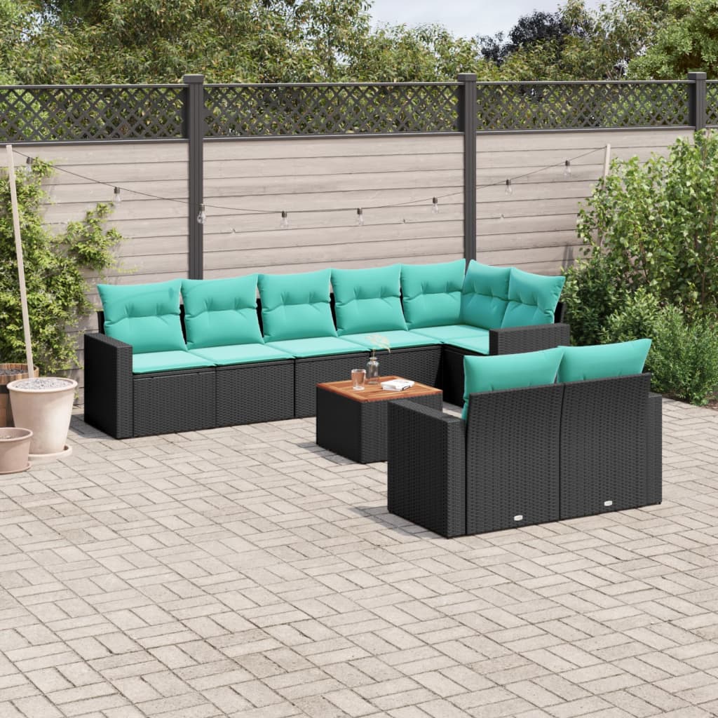 9-tlg. Garten-Sofagarnitur mit Kissen Schwarz Poly Rattan