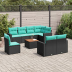 9-tlg. Garten-Sofagarnitur mit Kissen Schwarz Poly Rattan